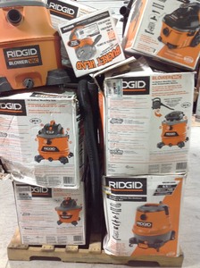 lot 310 image: Pallet of assorted Ridgid Vacuums different sizes some may need repair or have missing pieces
