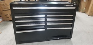 lot 313 image: Husky 46 in. W 9-Drawer, Deep Tool Chest whit Damage and some door lock whit no key