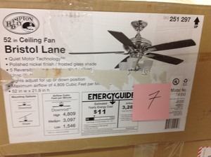 lot 7 image: Hampton Bay Bristol Lane 52 in. Indoor Polished Nickel Ceiling Fan with Light Kit- not used