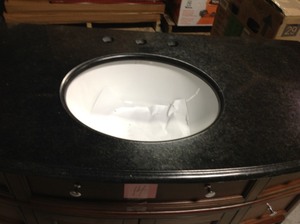 lot 14 image: Home Decorators Collection Hampton Harbor 45 in. W x 22 in. D Vanity in Sequoia with Granite Vanity Top in Black with White Sink SEE PHOTO DAMAGE