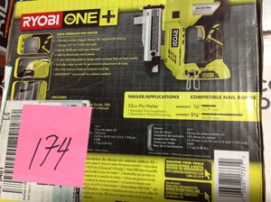 lot 174 image: RYOBI 18-Volt ONE Lithium-Ion Cordless AirStrike 23-Gauge 1-38 in. Headless Pin Nailer (Tool Only)- not used