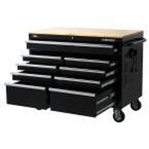 lot 1 image: HUSKY 46 in. W 9-Drawer, Deep Tool Chest Mobile Workbench in Gloss Black with Hardwood Top- new