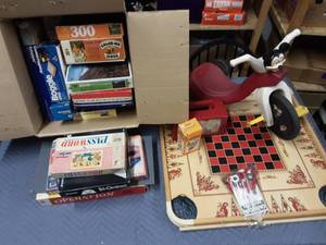 Carom Board With Accessories, Mickey Mouse Trike, Box Of Vintage Games & Puzzles (Disney Dominoes, Xylopipes, Benji, More)