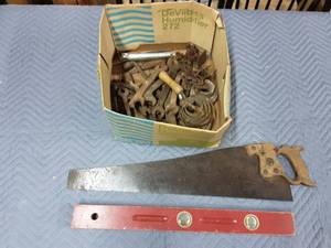 Vintage Disston Hand Saw, Port Austin Level, Box Of Old Wrenches & Hand Tools