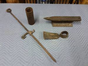 Old Rail Road Track Anvil, Hoe Axe Head, Metal Post & Threaded Piece
