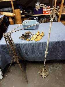 Old Metal Floor Lamp (Painted & Brass), Wood Clothes Rack, Shoes Lasts, Stretchers, Sade Iron