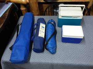 Blue Folding Camp Chair, Folding Table, Small Tent, 2-Coolers