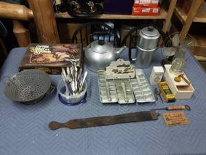 Aluminum Ice Cube Trays, Coca Cola Ice Pick, Kettles, Old Collander, Metal Fan, Vintage Razor, Strap Compass