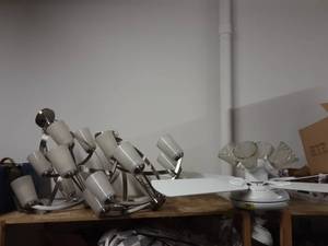 Brushed Nickel-2 Hanging Chandeliers, 1-Hampton Bay Ceiling Fan
