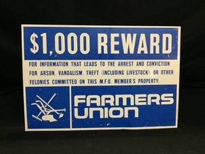 lot 151 image: Farmers Union $1000 Reward tin sign