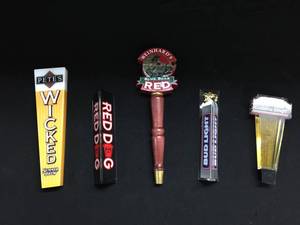 lot 192 image: Lot of 5 tap handles Bud Light, Petes Wicked Ale, Red Dog, Michelob Golden Draft, and Weinhards
