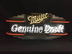 lot 235 image: Miller Genuine Draft double stroke bullnose neon and Bud age verification calendar