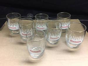 lot 241 image: Lot of 7 gold-rimmed Hamms Beer Barrel glasses