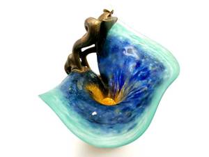 lot 12 image: Murano Styled Mixed Media Blown Art Glass with Applied Bronze Handle Artist Signed