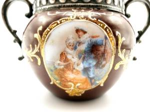 lot 73 image: Sevres Style Milk Glass Burgandy Painted Sugar Bowl, Adorned with Silver Lid.
