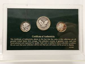 lot 63 image: Standing Liberty Silver Quarter and (2) Mercury Silver Dimes in Presentation Holder