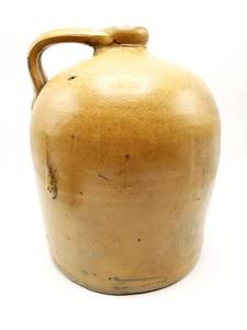 lot 66 image: Red-Wing or Early Primitive Salt Glazed Shoulder Jug with Turkey Droppings