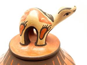 lot 9 image: Rare Zia Pueblo Lois Medina Signed, Lidded Figural Pottery