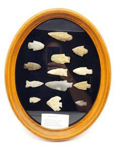 lot 87 image: Group of (13) Native American Arrowheads  Stone Points in Hanging Oak Display