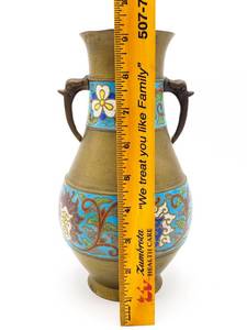 lot 39A image: Beautiful Japanese Bronze Cloisonne Doubled Handled Vase 9 14