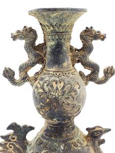 lot 39B image: Antique Ornate Dragon and Rooster Motif 8 12 Double Handled Metal Vase Signed
