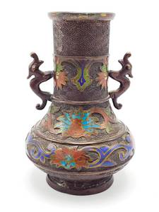 lot 39F image: Gorgeous  Antique Double Handled Dragon Motif Cloisonne Bronze Vase 7 Tall