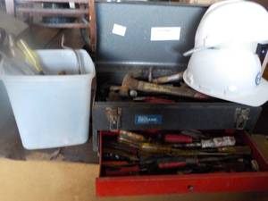 lot 68 image: 2 Hard Hats, Tools, and Metal Tool ...