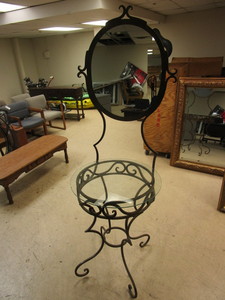lot 141 image: WROUGHT-IRON GLASS TOP TABLE WITH MIRROR