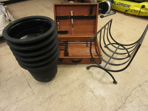 lot 151 image: FIREWOOD HOLDER, WOOD CASE, PLANTER POTS