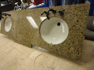 lot 152 image: GRANITE BATHROOM COUNTER TOP AND TWO SINKSFAUCETS