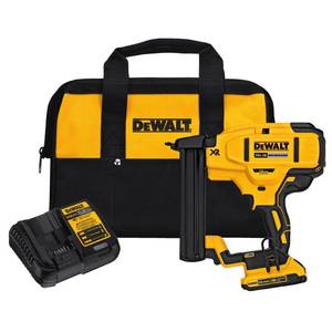 lot 18 image: DEWALT 20-Volt MAX XR Lithium-Ion Cordless 18-Gauge Narrow Crown Stapler Kit with Battery 2Ah, Charger and Contractor Bag