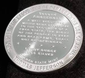 lot 04 image: 1 TROY OZ. .999 FINE SILVER 2ND AMENDMENT ROUND