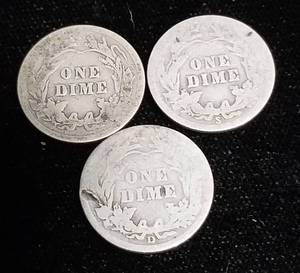 lot 56 image: 3 BARBER SILVER DIMES 1911-D 1913 1916-S