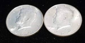 lot 68 image: 2 BU-UNC 1964 KENNEDY SILVER HALF DOLLARS