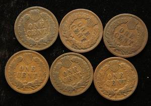 lot 40 image: 6 INDIAN HEAD CENTS 1890 1891 1893 1900 1903 1906