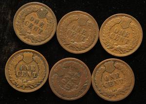 lot 61 image: 6 INDIAN HEAD CENTS 1895 1898 1899 1901 1903 1909