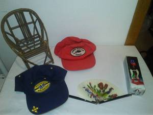 lot 48 image: Misc. Asian Fan, Michigan State Cap, Happy Bird in Box