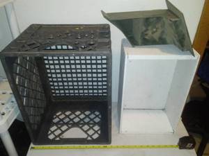 lot 108 image: Creamery crate, wood box, wheel chock