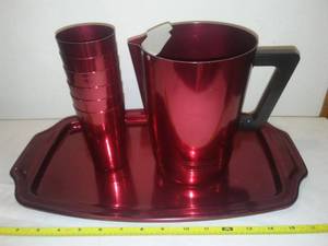 lot 187 image: Vintage Pitcher, etched tray, 6 tumblers