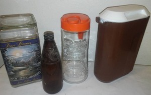 lot 192 image: Tang Pitcher, Rubbermaid, beer bottle  jar - Candle Holder