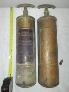 lot 158 image: RARE  2- one Quart brass pressure Fire Extinguisher. Quick Aid General Fire Extinguisher Co.