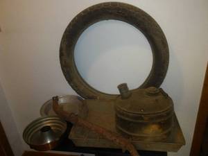 lot 321 image: Mancave, Horse, Kitchen Vintage,  motorcycle Tire off 1942 Indian
