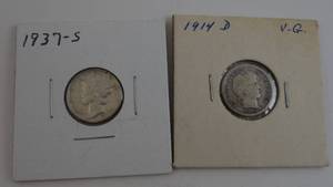lot 21 image: 1937 S Mercury Dime & 1914 D Barber Dime