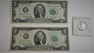 lot 30 image: 1967 Washington Quarter & 2 - 1976 Series $2 Bill Green Seal