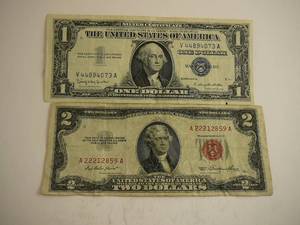 lot 84 image: 1 - $2 1953 Red Seal A22212859A & 1 - $1 1957B Blue Seal V44894073A