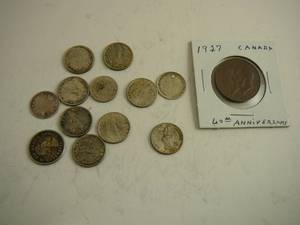lot 119 image: 12 Canadian Silver Dimes & 1927 Canadian 60th Anniversary Coin