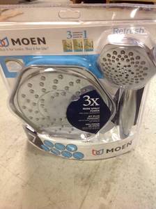lot 84 image: MOEN Refresh 7-Spray Hand Shower and 9 in. Shower Head Combo Kit in Chrome open pkgin good condition