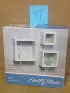 lot 99 image: Knape & Vogt 9 in. W x 4 in. D Wall Mounted White Shadow Box Decorative Shelf Kit (3-Piece) not used
