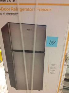 lot 179 image: Whirlpool 4.6 Cu. Ft. Mini Refrigerator with Dual Door True Freezer in Stainless Look