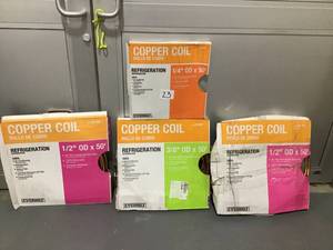 lot 23 image: Lot of 4 Copper Coil in various sizes 14, 12, 38 for refrigeration, air conditioning-As is